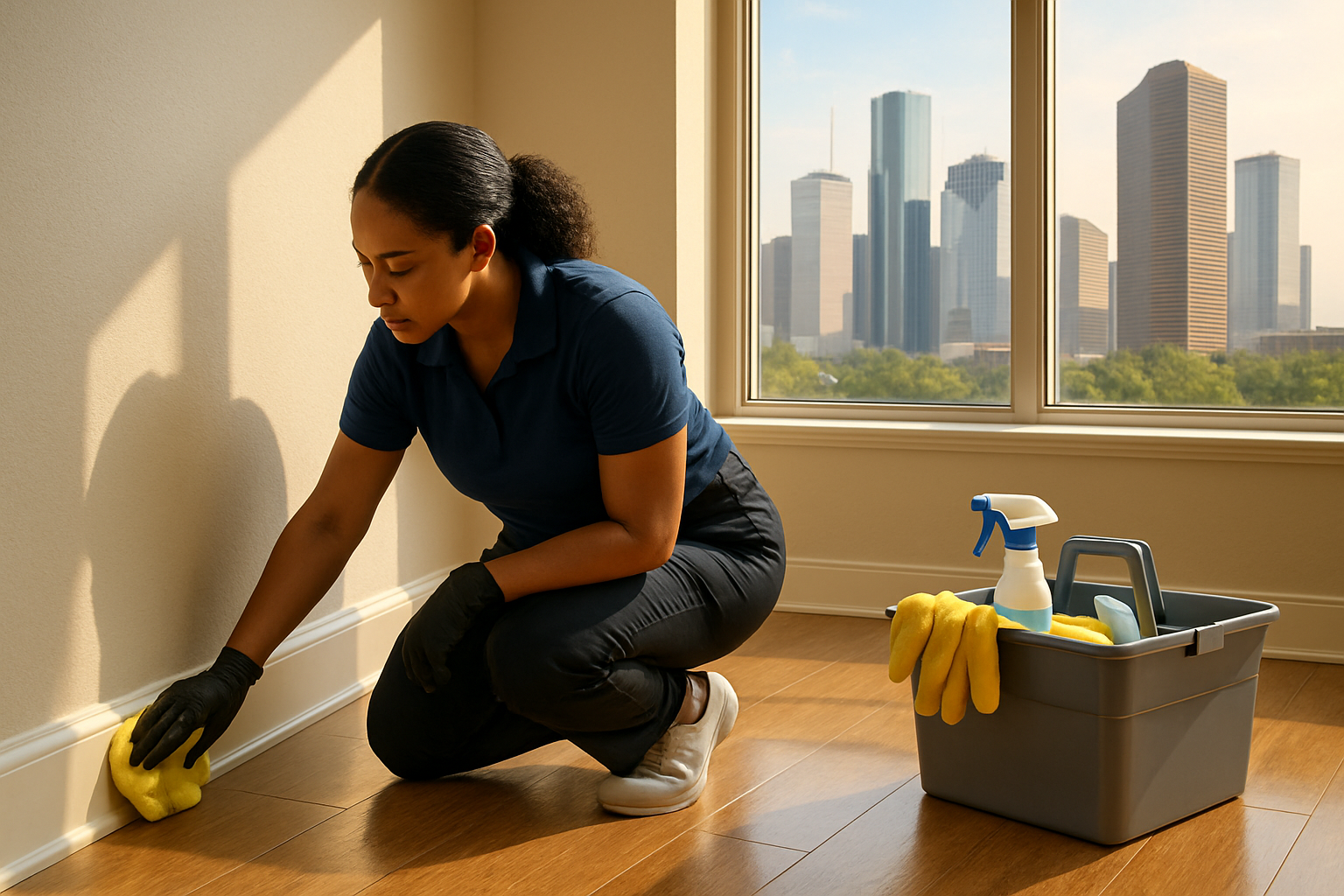 Professional cleaner in a bright empty Houston apartment wiping white baseboards near a large window, with cleaning caddy nearby, polished floors, and warm late-summer sunlight