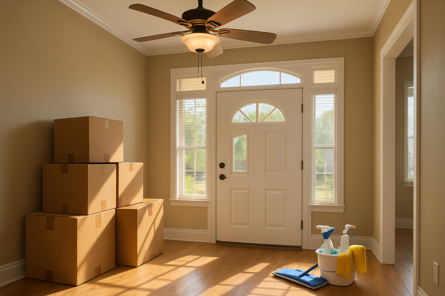 A bright Houston home entryway during August move-out season, with moving boxes stacked near the door, sunlight coming through windows, cleaning supplies on the floor, and a ceiling fan running to show the summer heat