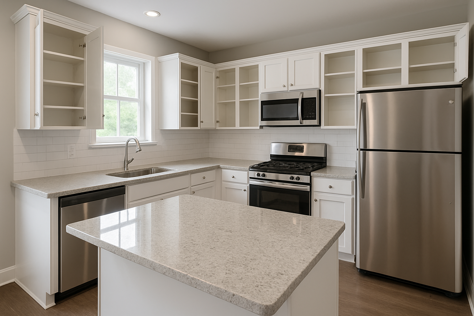 A spotless modern kitchen in a Houston home after move-out cleaning, with clean countertops, open empty cabinets, shiny stainless steel appliances, and bright natural light showing a fresh ready-for-inspection space