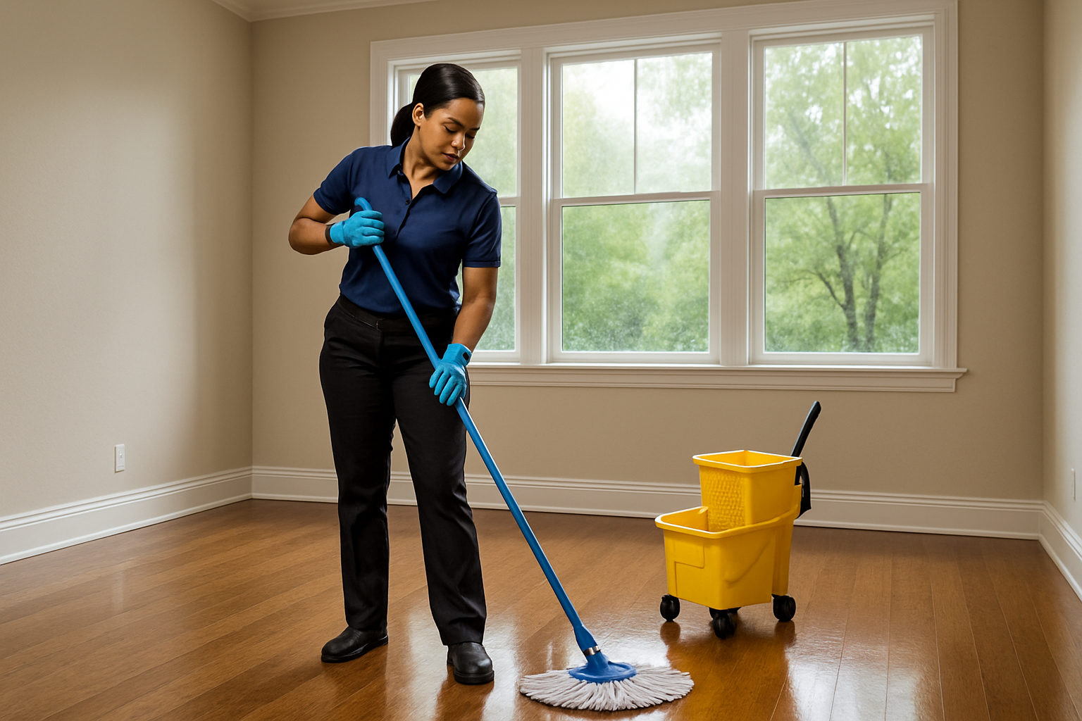 A professional cleaner mopping empty living room floors in a Houston home, with clean white baseboards, sunlight through large windows, and a view of green summer trees outside after a rain shower