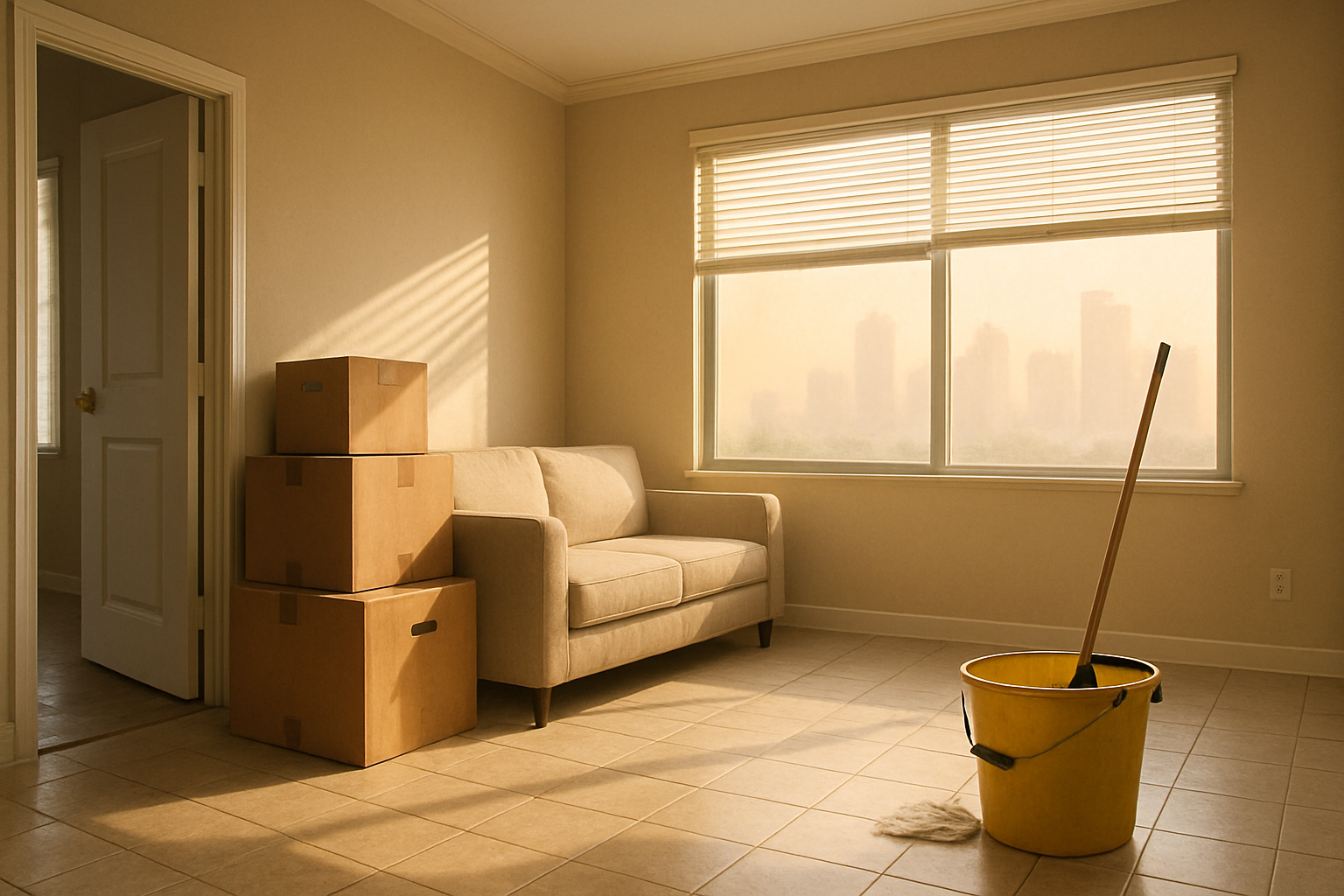 A bright Houston apartment living room during move-out, with cardboard boxes stacked near the door, sunlight streaming through blinds, a mop bucket on tile floors, and a city summer heat haze visible outside the window