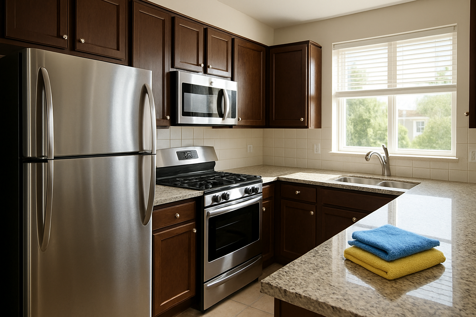 Close-up of a sparkling clean apartment kitchen in Houston after move-out cleaning, with stainless steel refrigerator, clean stovetop, wiped countertops, microfiber cloths, and bright natural summer light