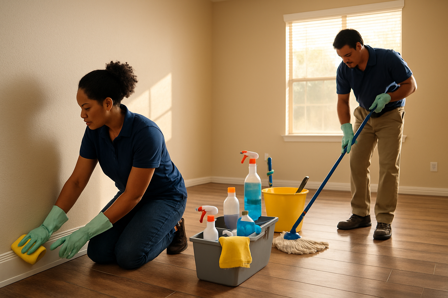 Professional cleaning team from a Houston cleaning service wiping baseboards and mopping floors in an empty rental home, with cleaning supplies organized neatly and warm August sunlight coming through the windows