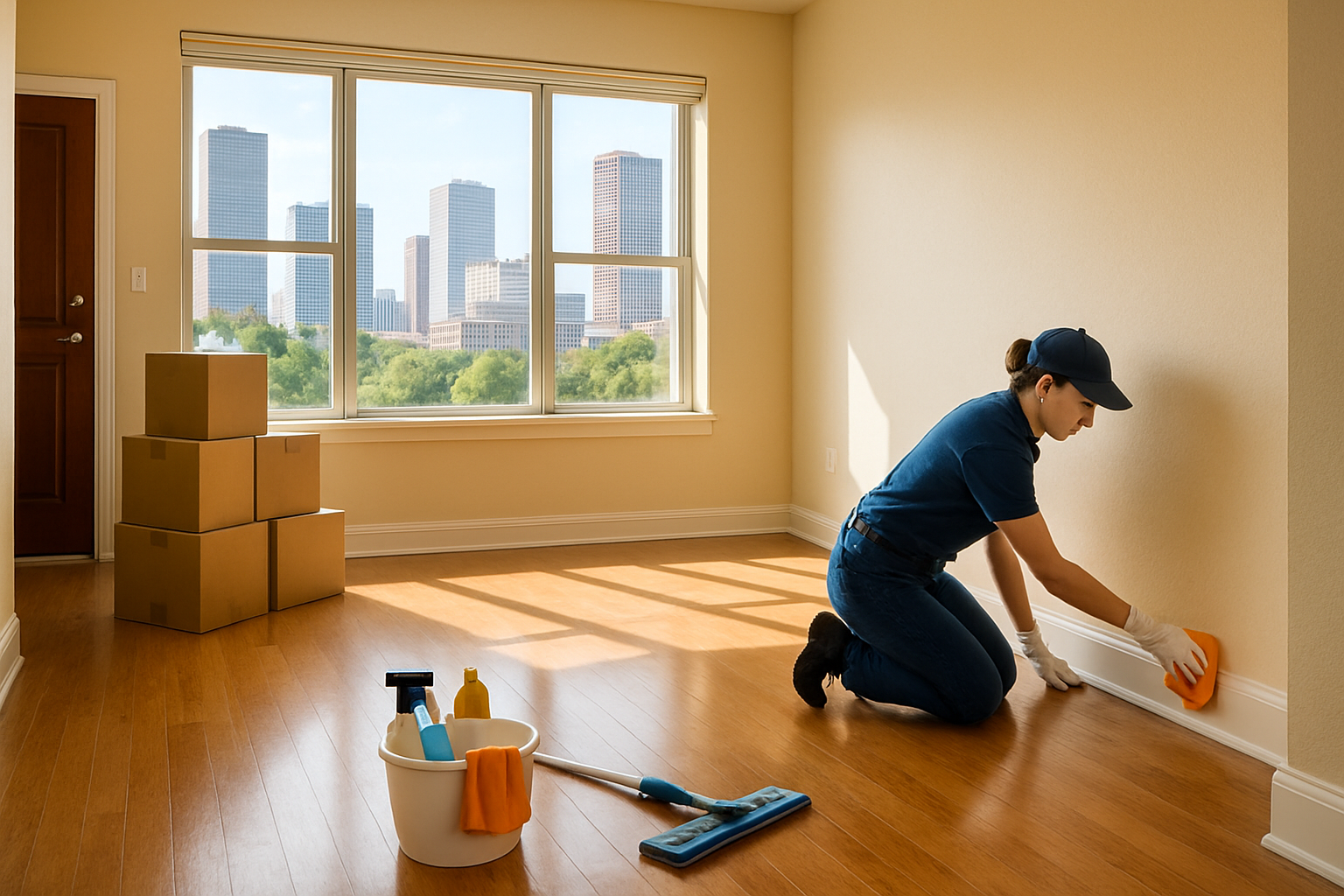 A bright Houston apartment living room in August with sunlight coming through large windows, moving boxes stacked near the door, cleaning supplies neatly arranged on the floor, and a professional cleaner wiping baseboards in a spotless empty room