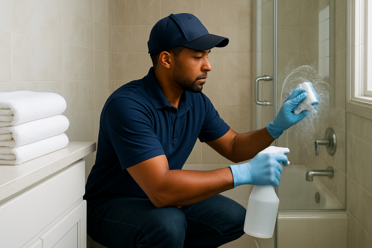 A professional cleaning technician in a Houston bathroom scrubbing tile and glass shower doors, with fresh towels, bright lighting, chrome fixtures, and a clean humid-weather bathroom setting