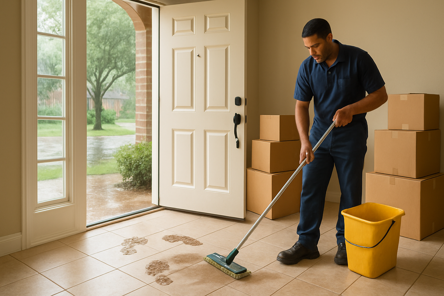 A Houston home entryway after a summer rainstorm with moving boxes near the door, slightly muddy footprints on tile floor being mopped by a professional cleaner, warm natural light, and a clean organized move-out setting