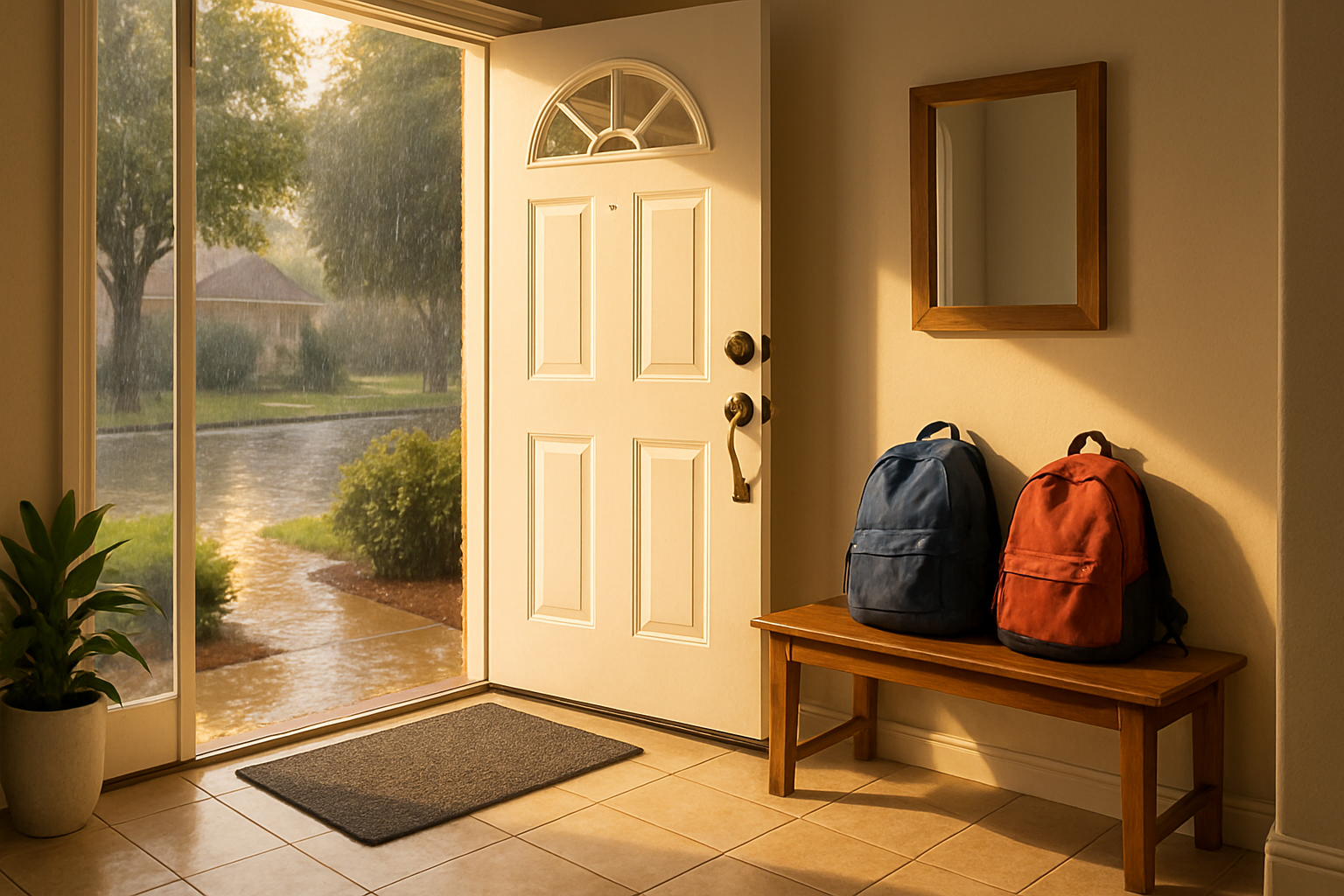 A bright Houston home entryway in September with sunlight coming through the front door, clean tile floors, a doormat, school backpacks near a bench, and subtle signs of rainy weather outside