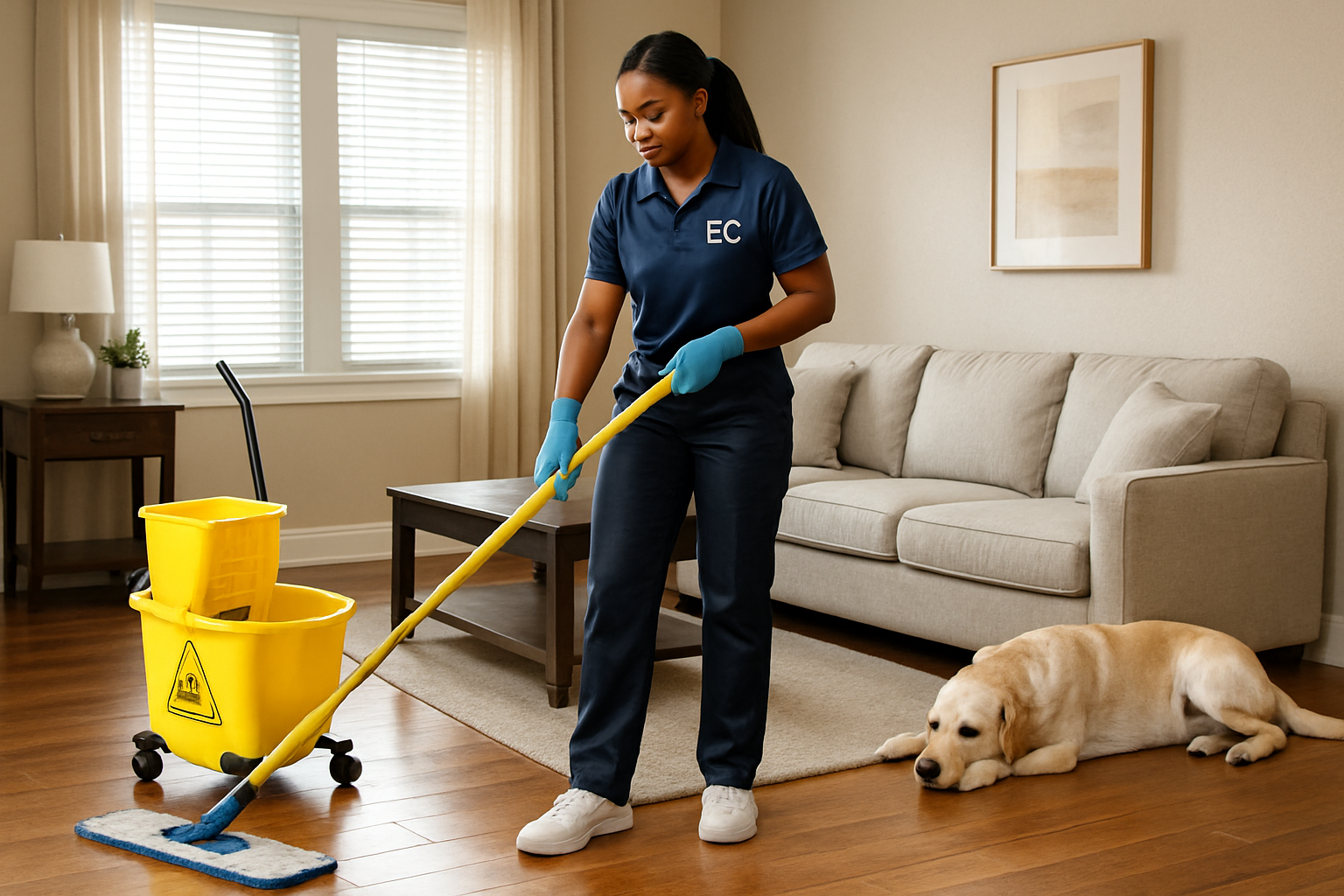 Professional cleaner from Elect Cleaning Services mopping a high-traffic living room floor in a Houston home, with clean equipment, neutral decor, and a family pet resting nearby