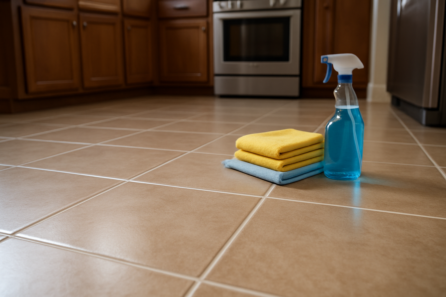Close-up of freshly cleaned tile floor and bright grout lines in a Houston kitchen, with cleaning cloths and a spray bottle neatly placed in the background