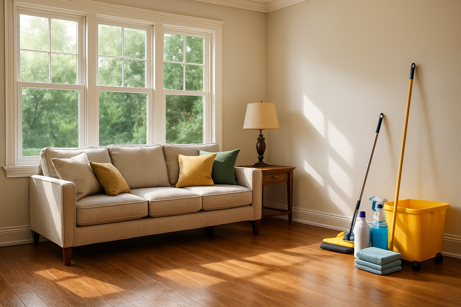A bright Houston residential living room in early September sunlight, with clean hardwood floors, fresh pillows on a sofa, large windows showing a humid green backyard, and professional cleaning supplies neatly arranged in the corner