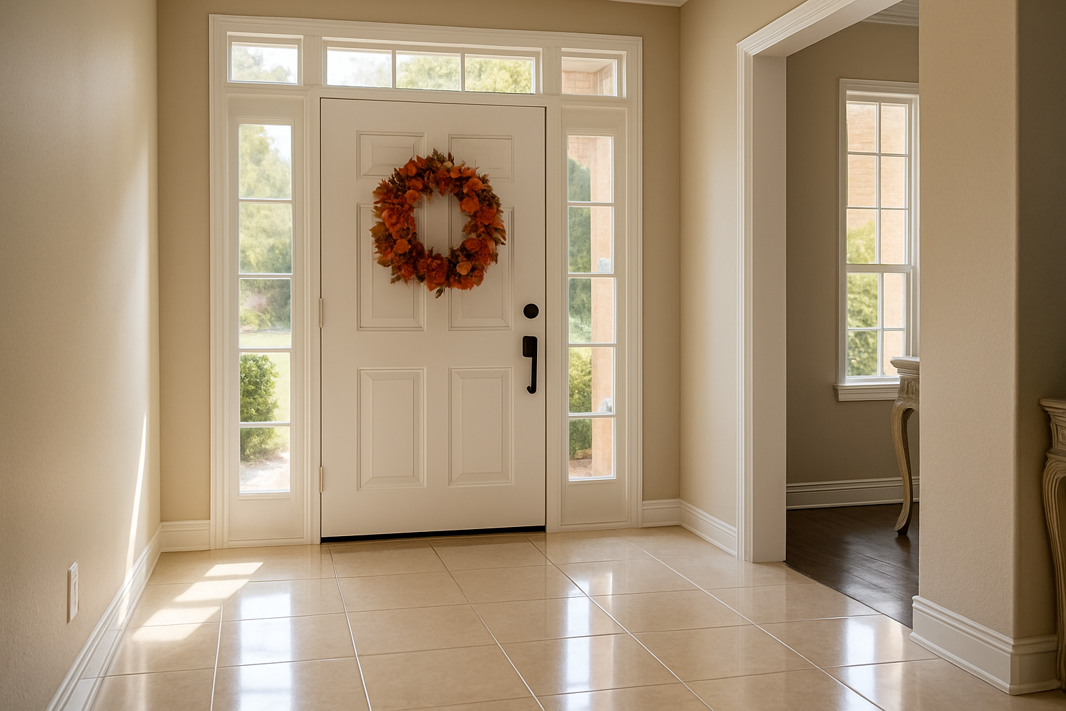 A spotless Houston home entryway after a deep cleaning, with polished tile floors, clean white baseboards, a decorative fall wreath near the door, and soft September afternoon light coming through side windows
