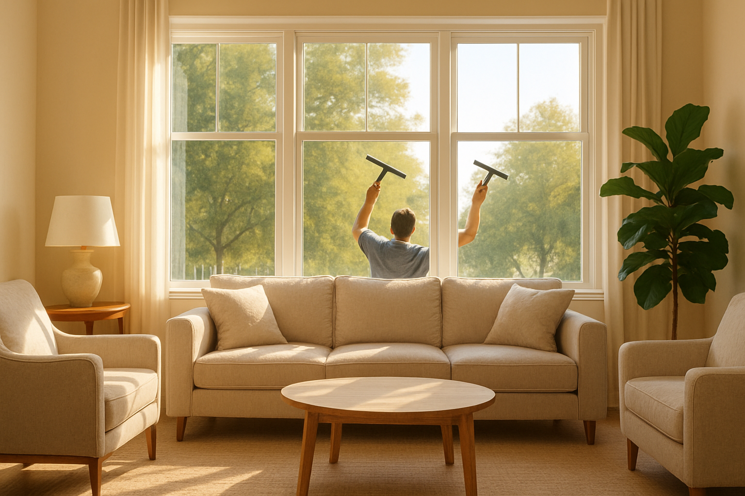 A bright Houston home living room in September with freshly cleaned large windows, warm morning sunlight streaming through, green trees visible outside, spotless glass, neutral furniture, and a clean inviting atmosphere