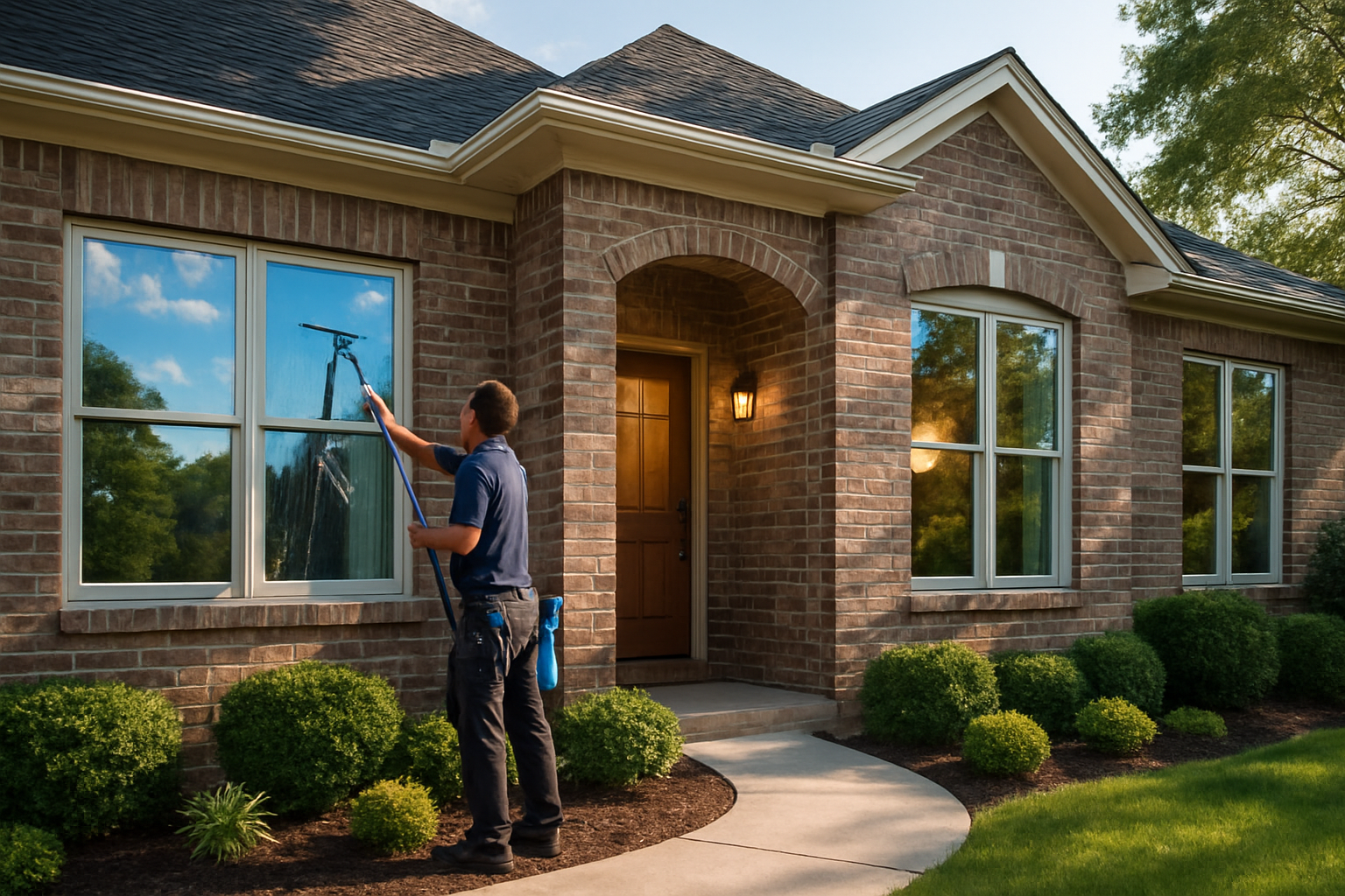 Exterior view of a well-kept Houston house in September after professional window cleaning, clear sparkling windows reflecting blue sky and greenery, clean front walkway, warm natural light visible through the glass