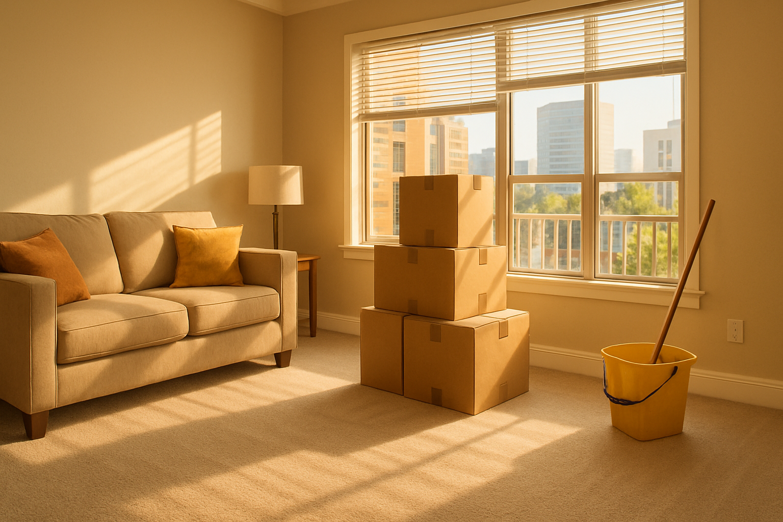 Bright Houston apartment living room in early fall with moving boxes stacked near a window, warm September sunlight coming through blinds, freshly vacuumed carpet, clean baseboards, and a mop bucket nearby