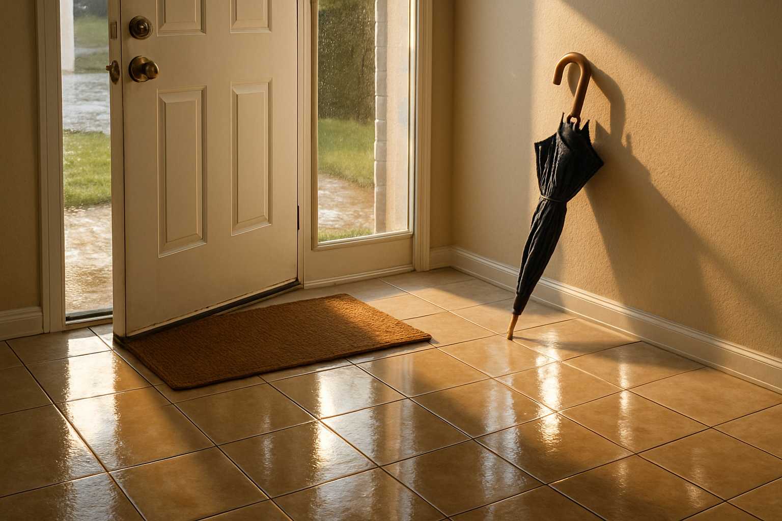 Close-up of a Houston rental home entryway after a rainy September afternoon, with clean tile floor, doormat, umbrella by the door, and sunlight reflecting off freshly mopped surfaces