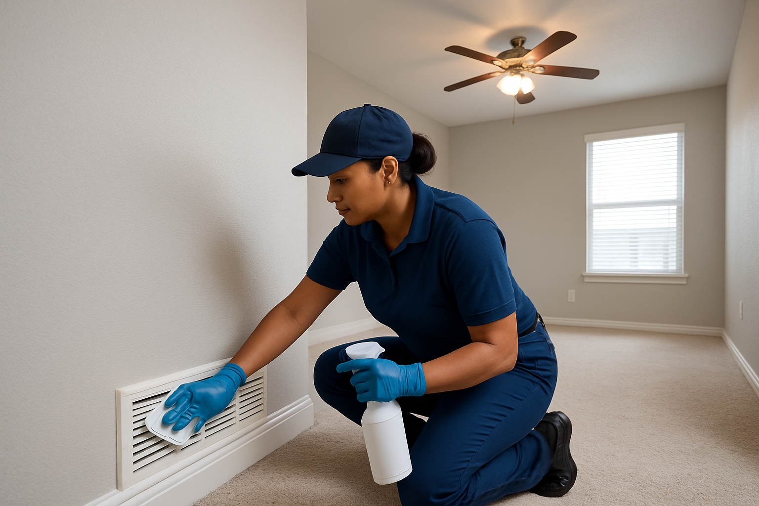 Professional cleaner in a Houston apartment wiping white baseboards and air vents, with ceiling fan, blinds, and empty room visible in the background, clean and bright move-out setting