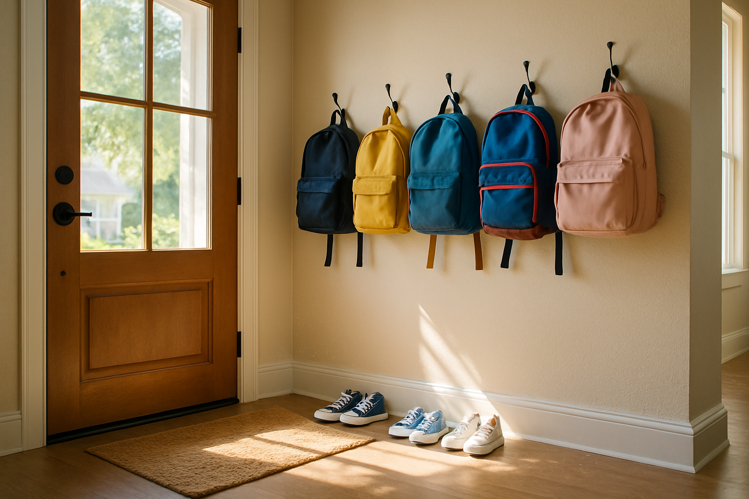 A bright Houston family entryway in September with backpacks hanging on hooks, children’s sneakers on a mat, sunlight coming through the front door, and subtle dust particles visible near the floor