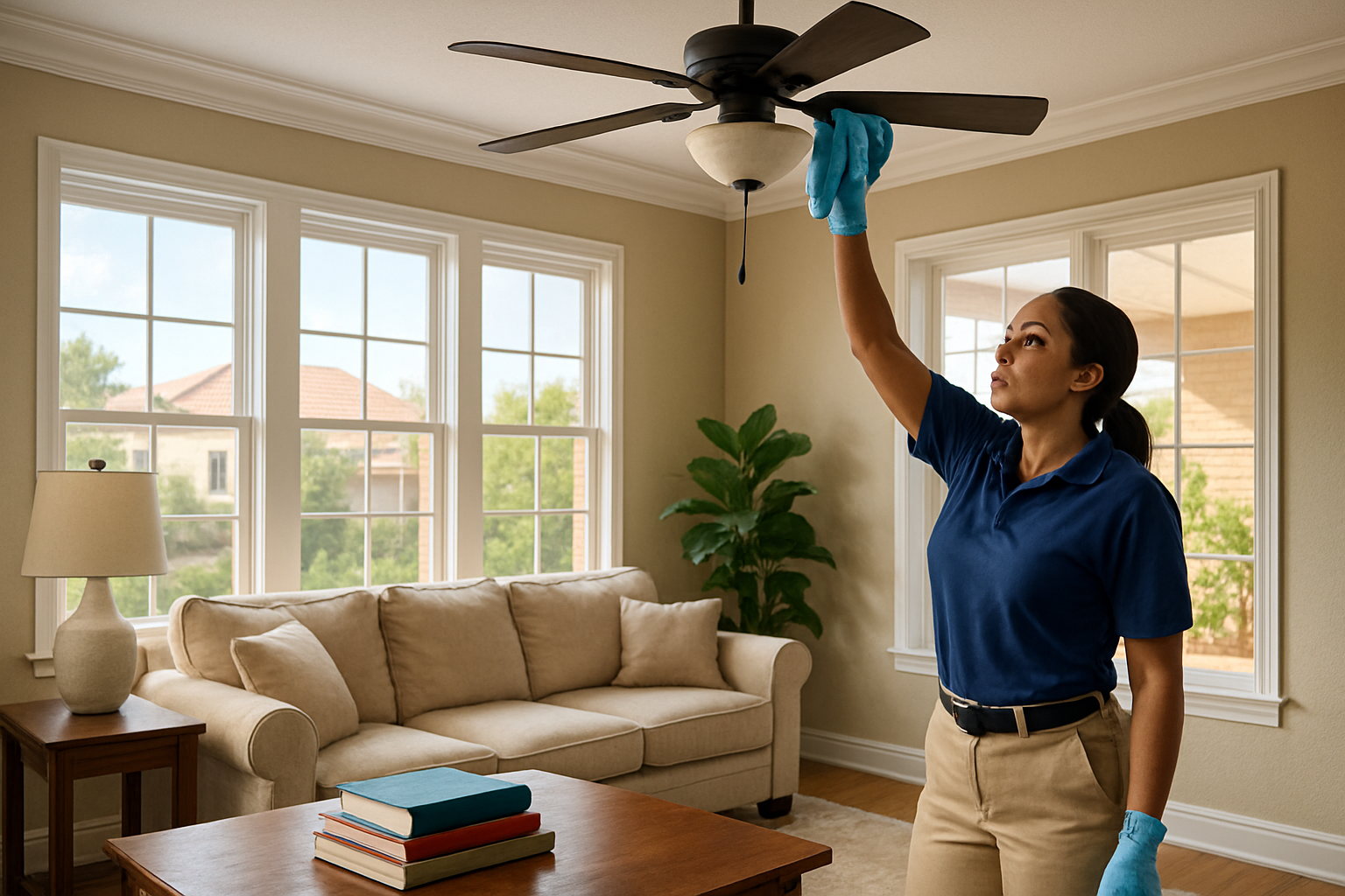 A clean Houston living room with a professional cleaner using a microfiber cloth on a ceiling fan, with school books on a nearby table and warm September daylight through the windows