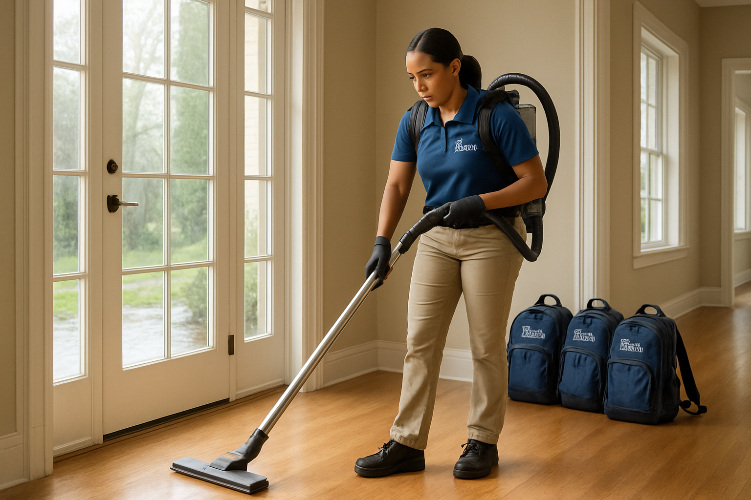 A professional Elect Cleaning Services team member in a neat uniform vacuuming a clean Houston home hallway with backpacks organized by the door and fresh natural light coming in after a September rain