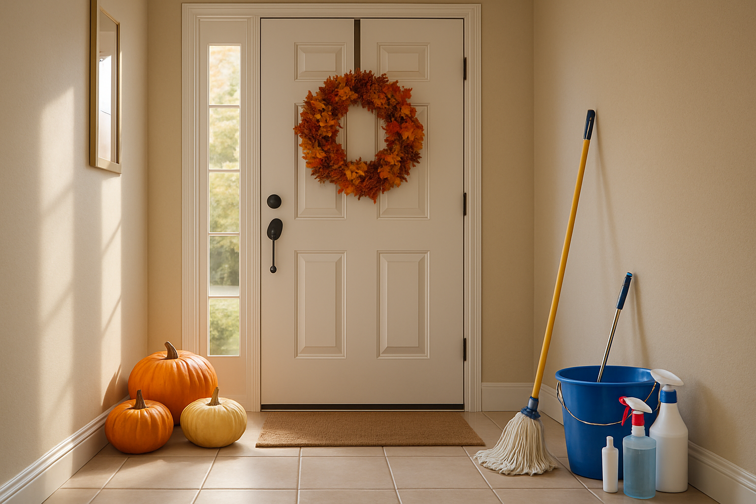 A bright Houston home entryway in October with clean tile floors, a fall wreath on the front door, pumpkins near the doorway, soft natural light, and professional cleaning supplies neatly placed to the side