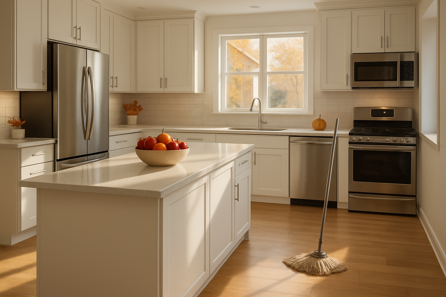 A spotless modern kitchen in a Houston home decorated subtly for fall, with clean countertops, stainless steel appliances, a bowl of seasonal fruit, warm sunlight through the window, and freshly mopped floors