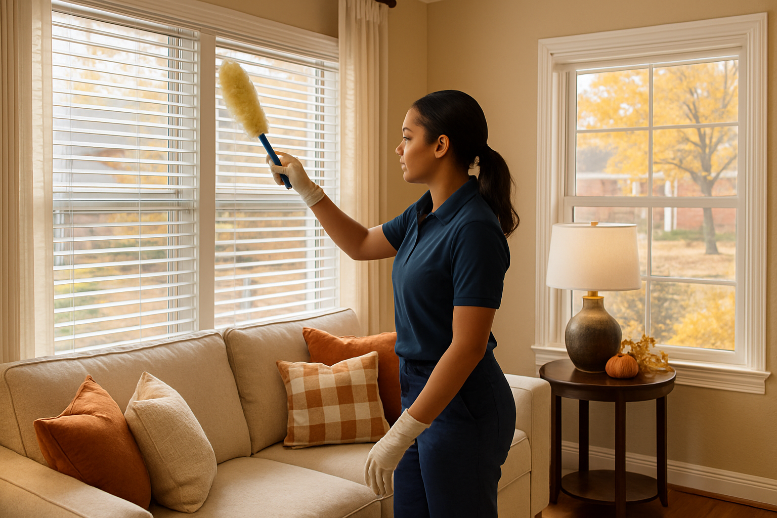 A professional cleaner dusting white window blinds in a cozy Houston living room with fall decor, clean sofa pillows, wood floors, and soft October daylight coming through the windows