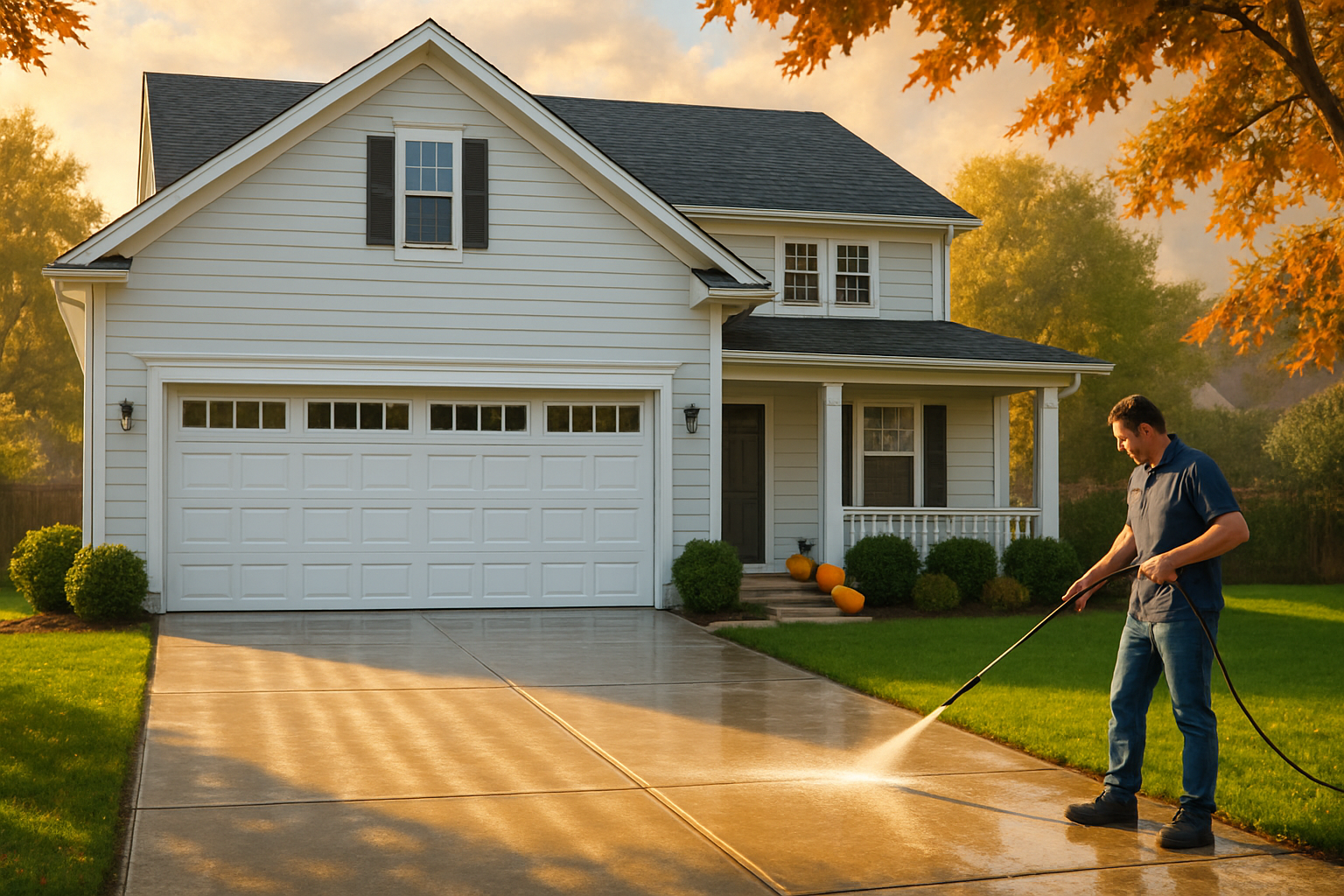 A clean Houston suburban home exterior in October with a freshly pressure-washed driveway, bright siding, green lawn, pumpkins near the front porch, and warm late-afternoon sunlight after a mild fall rain
