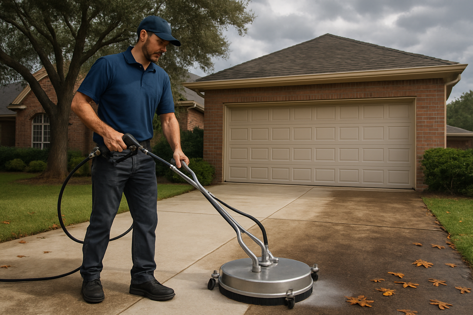 Professional pressure washing technician cleaning a stained concrete driveway in Houston, with visible contrast between cleaned and dirty concrete, oak leaves scattered nearby, and a cloudy October sky