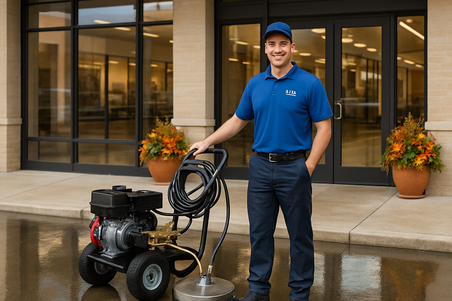 Friendly Elect Cleaning Services team member in professional work attire standing beside pressure washing equipment in front of a clean Houston commercial storefront, with fall decorations and clear wet pavement reflecting the building