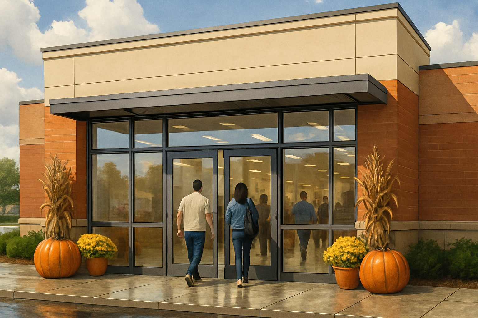 A bright Houston commercial storefront in October with clean glass doors, fall decorations near the entrance, freshly mopped tile floors visible inside, and customers walking in under partly cloudy skies after a light rain