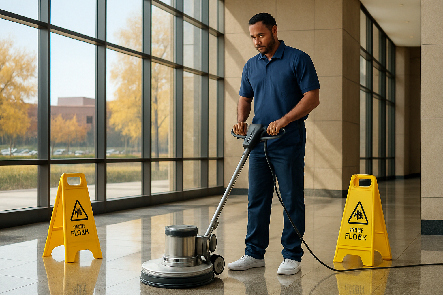 A professional commercial cleaner in uniform using a floor buffer on a polished lobby floor inside a Houston office building, with wet floor signs placed neatly and autumn daylight coming through large windows