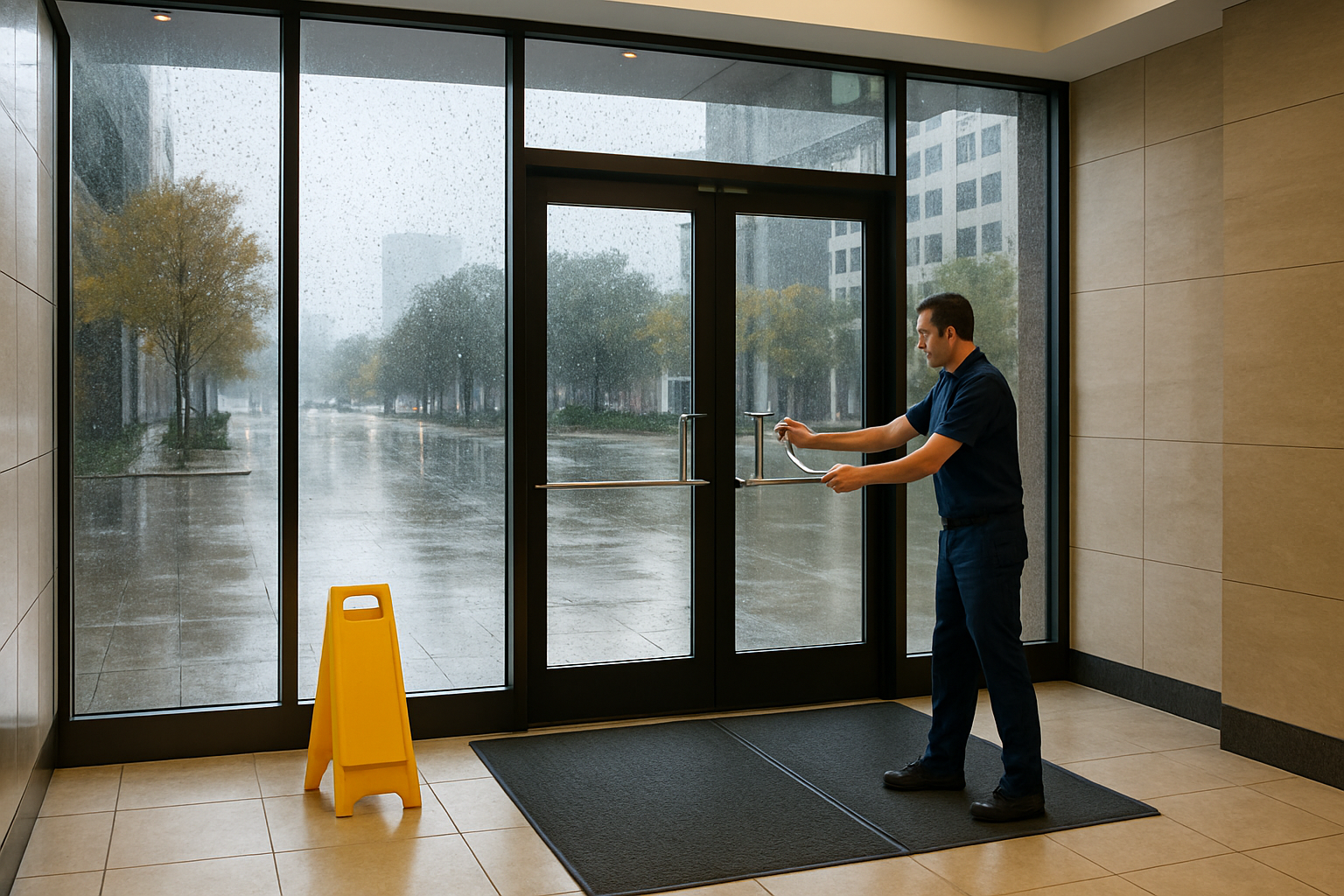 A clean commercial lobby in Houston on a rainy October afternoon, with water droplets on the exterior glass, absorbent entrance mats, a yellow wet floor sign, and a cleaning professional wiping the front door handles