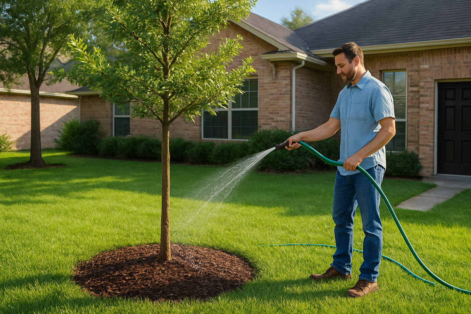 A young live oak tree in a Houston residential front yard during July, surrounded by fresh mulch, bright morning sunlight, green St. Augustine grass, and a homeowner watering deeply with a garden hose