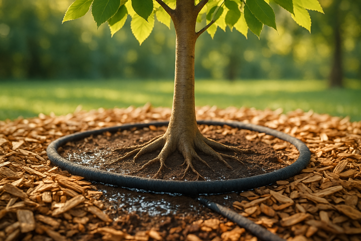 Close-up of a young tree root zone in Houston clay soil with a slow soaker hose watering beneath a wide mulch ring, showing moist soil, wood chips, and summer sunlight filtering through leaves