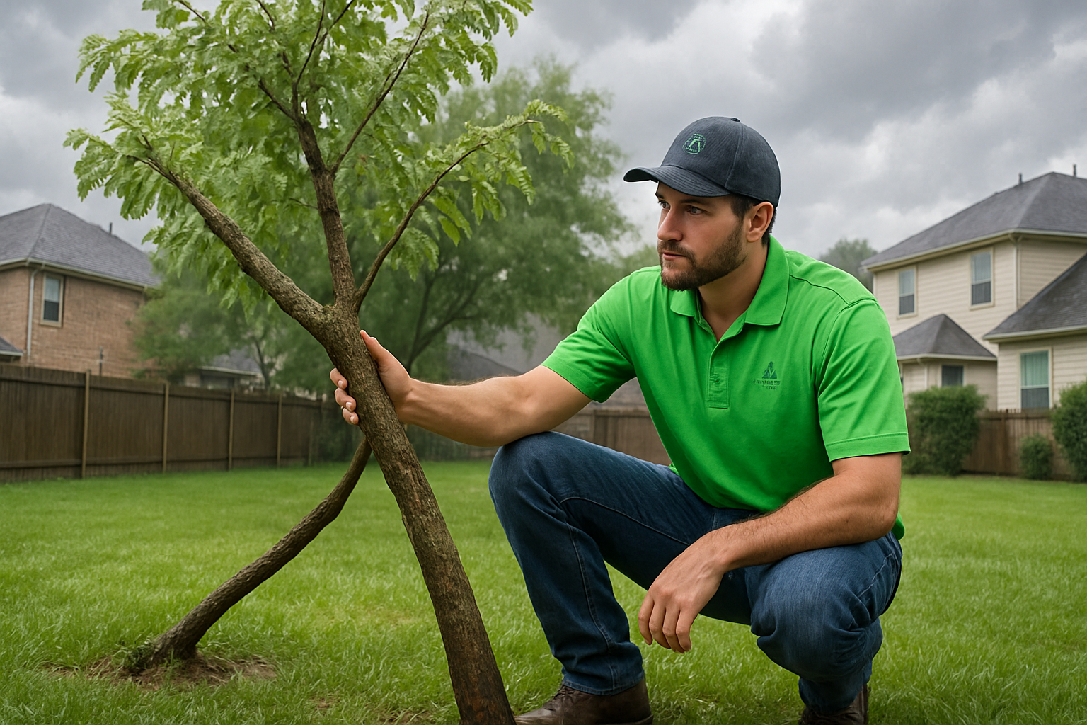 ArborTrue tree care professional inspecting a young storm-leaning tree in a Houston backyard after a summer thunderstorm, with wet grass, cloudy sky, and residential homes in the background