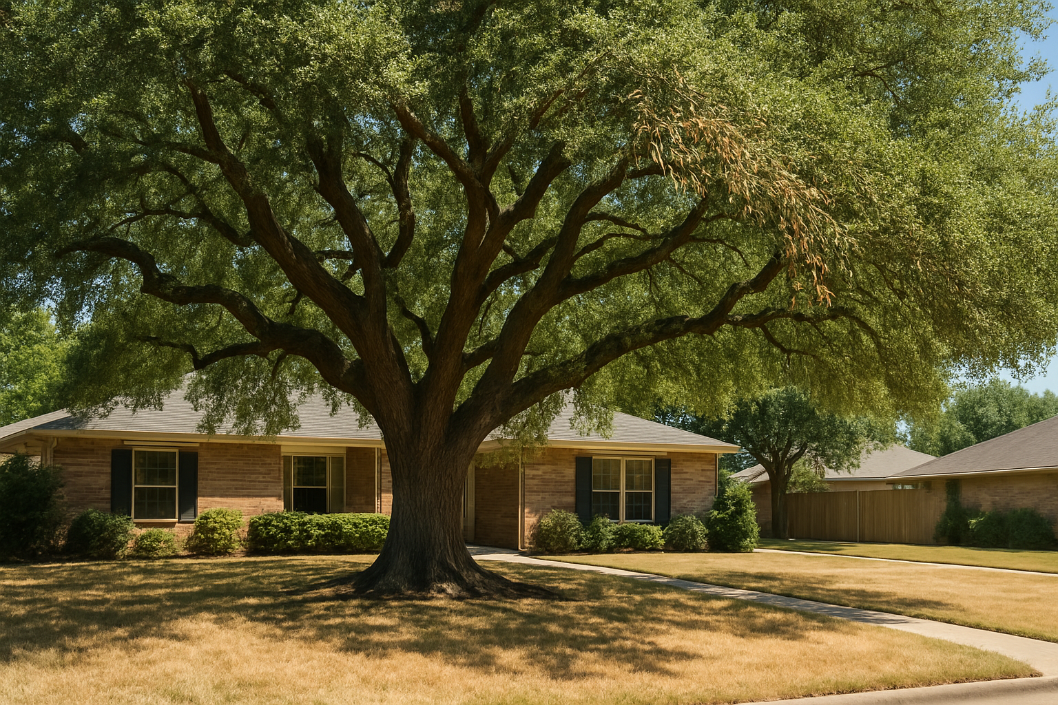 A mature live oak tree in a Houston residential front yard during July, with dry patchy grass, bright summer sunlight, and visible wilted leaves on some outer branches, showing signs of heat stress but still standing strong