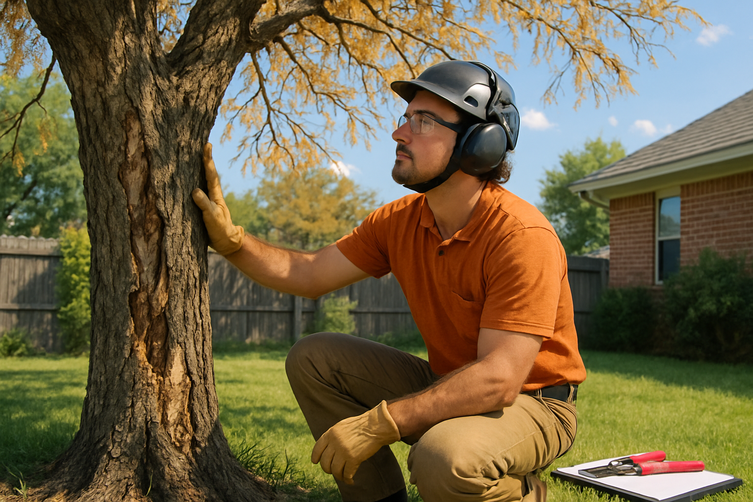 A professional arborist inspecting the trunk and lower canopy of a heat-stressed tree in a Houston backyard, wearing work gloves and safety gear, with a clipboard and pruning equipment nearby on a sunny July afternoon