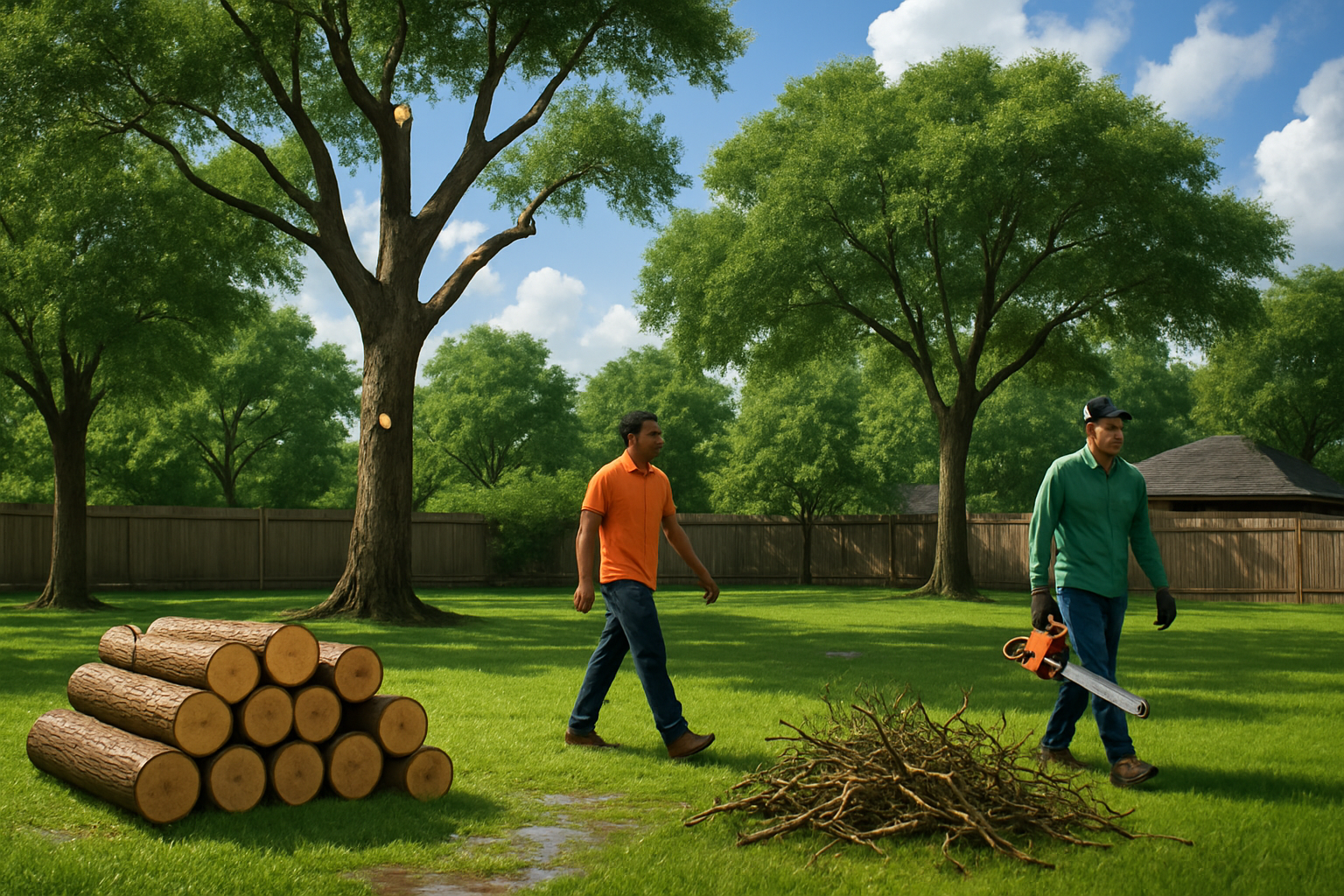 A clean Houston yard after safe tree work by a professional crew, with neatly stacked logs, removed dead branches, healthy remaining shade trees, and a bright summer sky after a Gulf Coast rainstorm