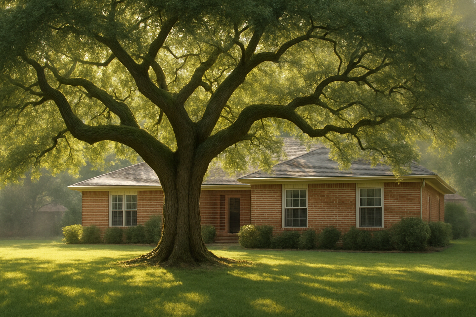 A mature live oak tree in a Houston residential front yard on a hot July afternoon, with filtered sunlight through the canopy, a brick home in the background, trimmed grass, and subtle signs of summer humidity in the air