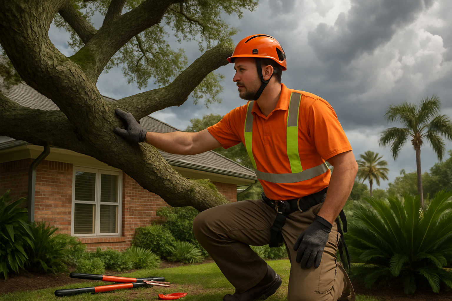 A professional arborist in safety gear inspecting a large tree limb overhanging a Houston home, with pruning tools nearby, cloudy storm-building summer sky, and lush Gulf Coast landscaping