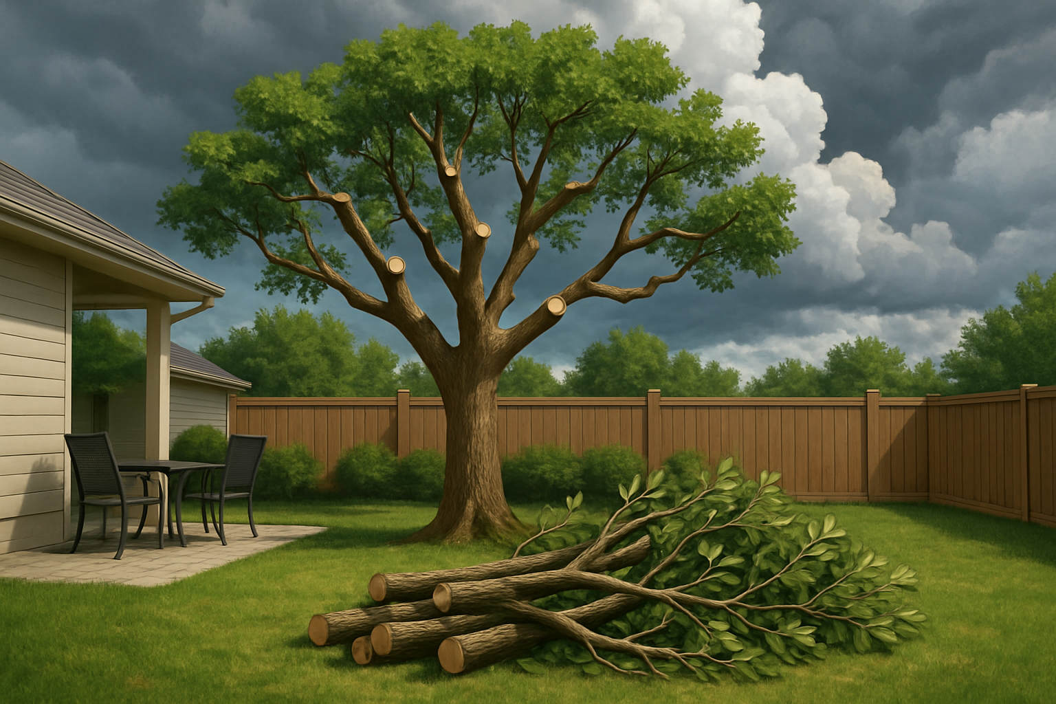 Freshly pruned tree canopy in a Houston backyard after professional tree care, with neatly removed limbs stacked safely, a patio and fence visible, and dramatic late-summer storm clouds forming in the distance