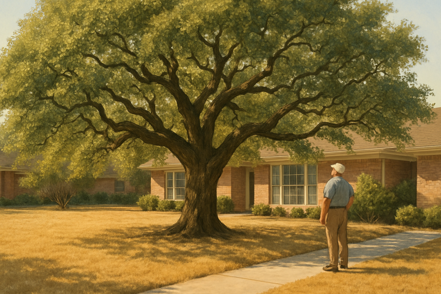 A mature live oak tree in a Houston residential front yard during a hot August afternoon, with dry grass, bright Texas sunlight, slightly curled leaves, and a homeowner inspecting the canopy from the sidewalk