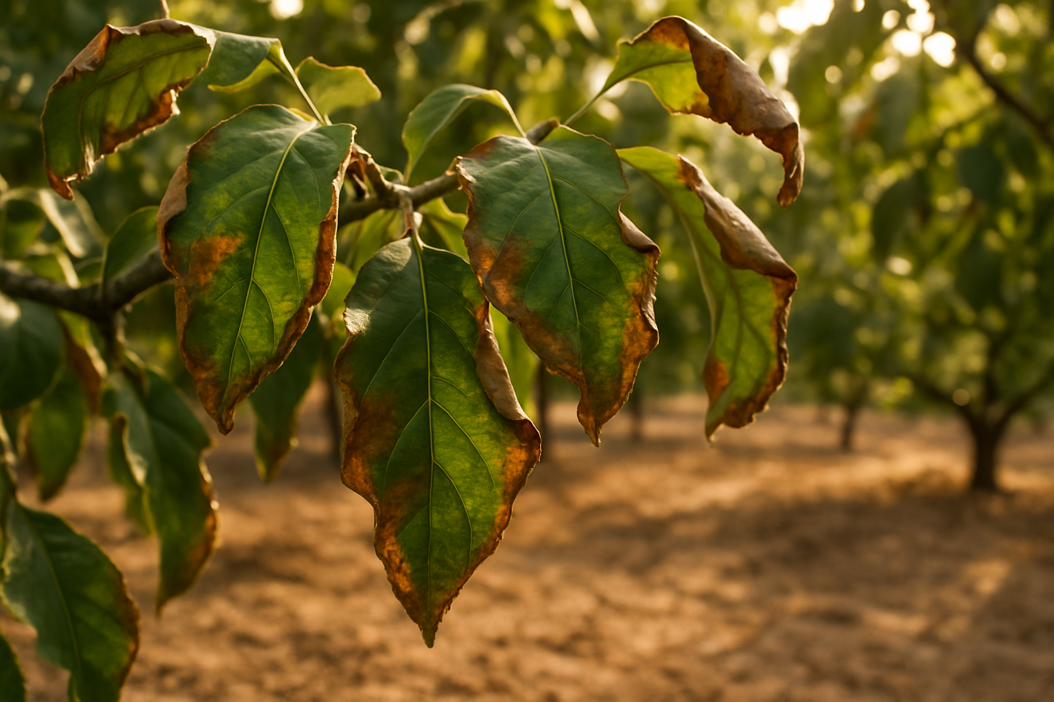 Close-up photograph of heat-stressed tree leaves in Houston, showing curled green leaves with brown scorched edges, dry soil below, and harsh late-summer sunlight filtering through the canopy