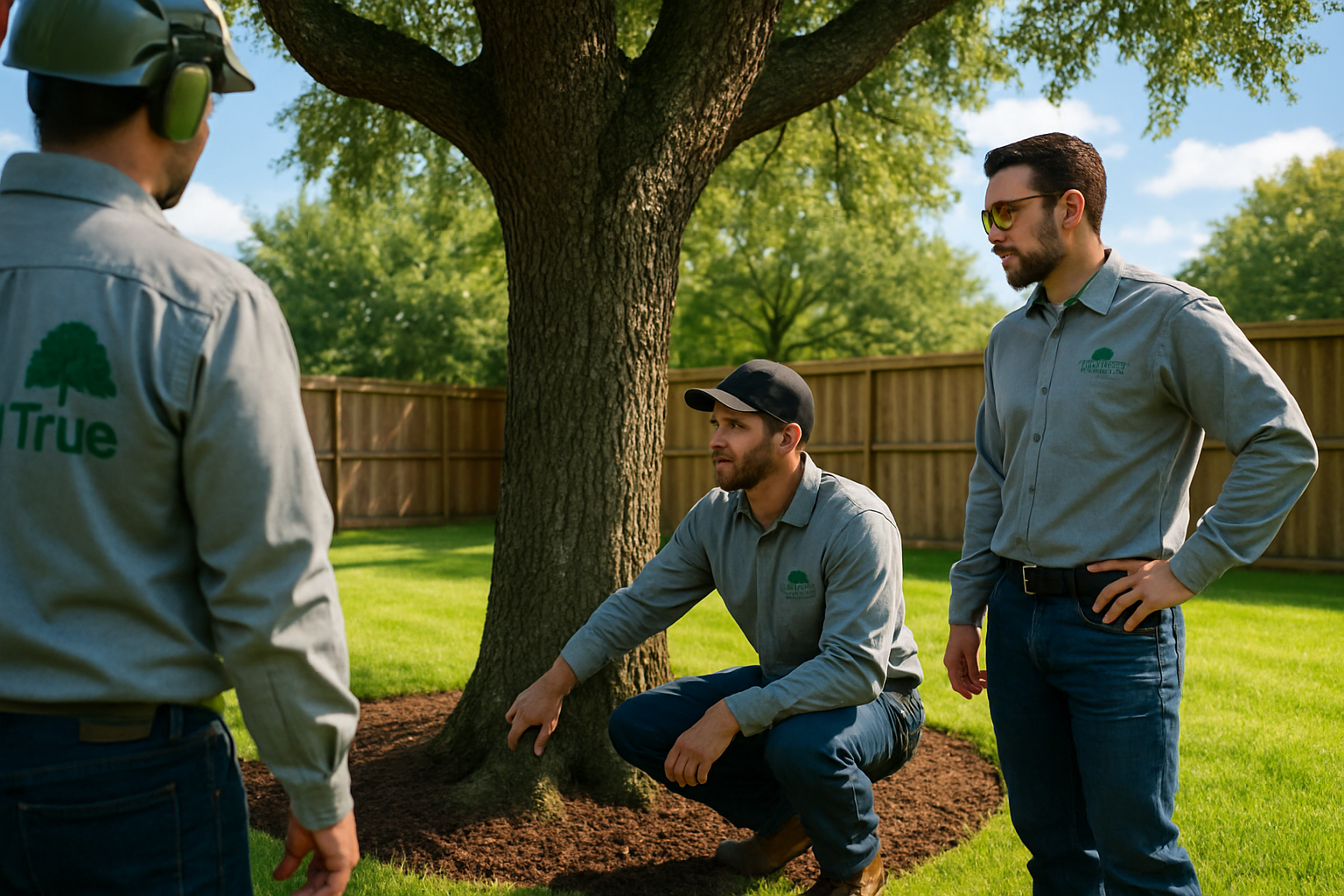 Professional ArborTrue tree care crew in Houston evaluating a large backyard shade tree, wearing work shirts and safety gear, with mulch ring around the tree, green lawn, wooden fence, and bright August sky