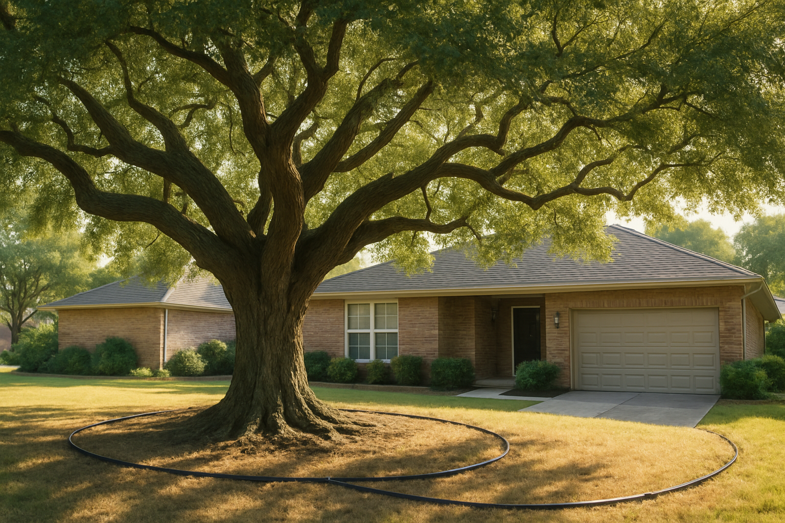 A mature live oak tree in a Houston residential front yard during a hot August afternoon, sunlight filtering through the canopy, slightly dry grass near the root zone, a slow-soaking hose placed around the tree drip line, suburban brick home in the background