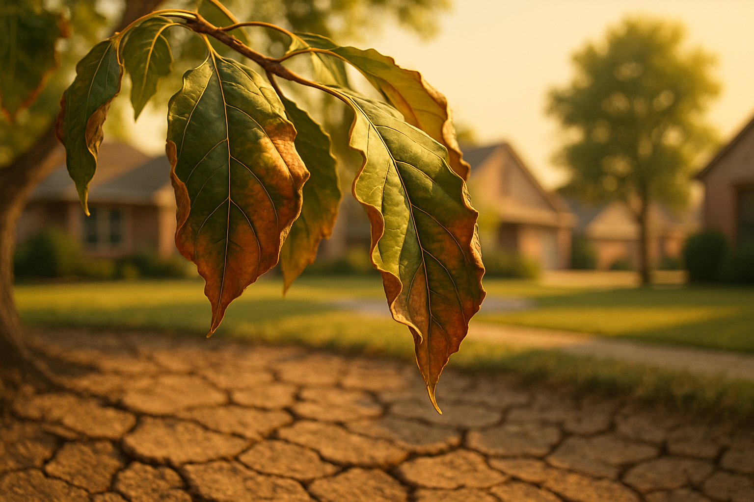 Close-up of heat-stressed tree leaves in Houston summer, with curled edges and slight browning, dry cracked soil visible below, warm golden August light, realistic residential landscape setting