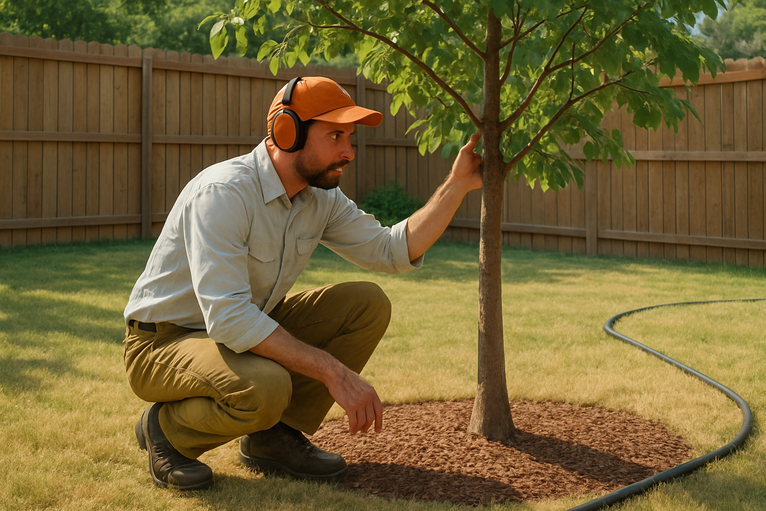 Arborist in professional work clothing inspecting the base and canopy of a young tree in a Houston backyard in August, with mulch ring properly placed away from trunk, hose nearby, lush but heat-stressed lawn and wooden fence in background