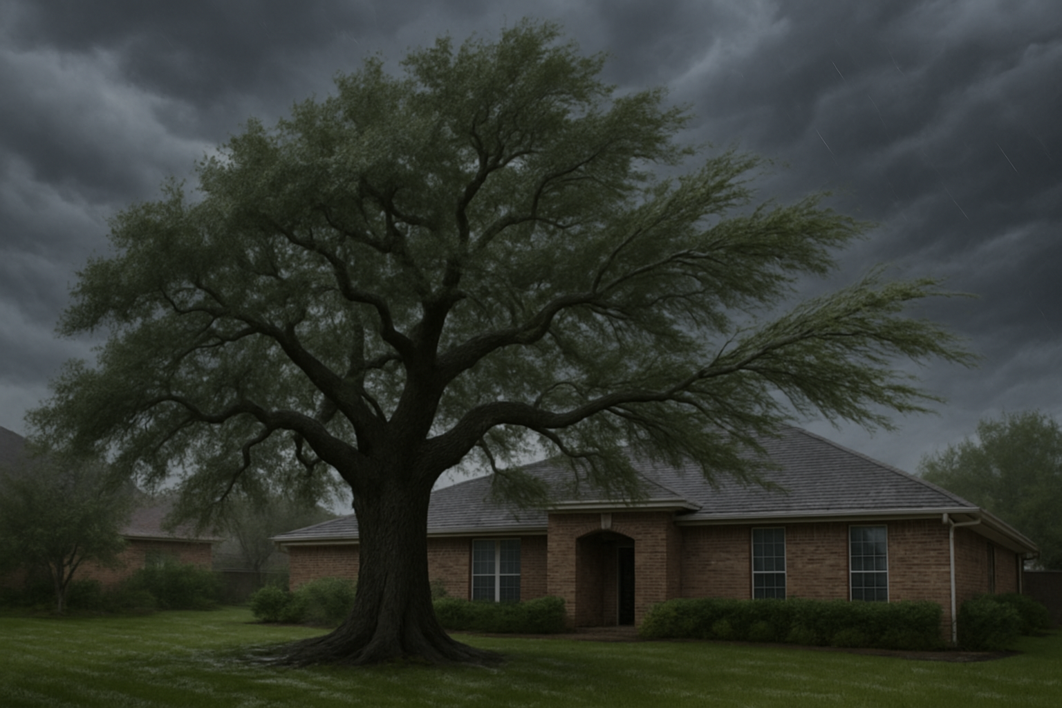 A large live oak tree in a Houston front yard under dark August storm clouds, with wet grass, a brick home in the background, and strong wind bending smaller branches before a hurricane