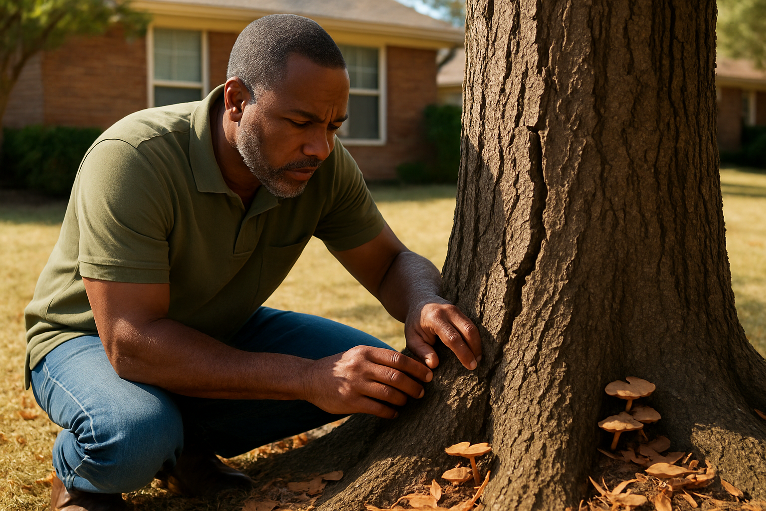 Close-up photograph of a Houston homeowner inspecting a tree trunk with visible cracks, mushrooms near the roots, and scattered dry leaves on the lawn in hot August sunlight