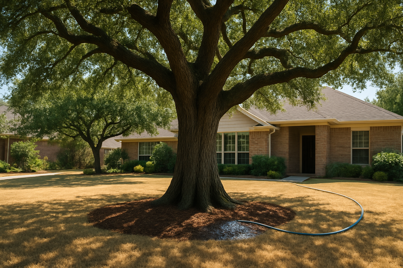 A mature live oak tree in a Houston residential front yard during August, with dry St. Augustine grass, bright summer sunlight, mulch around the tree base, and a garden hose slowly watering near the drip line